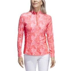 Adidas Women's Essentials Long Sleeve Printed Mock Polo -EliteGolf Store adidas 2023 womens essentials long sleeve printed mock polo bight red front itempicture