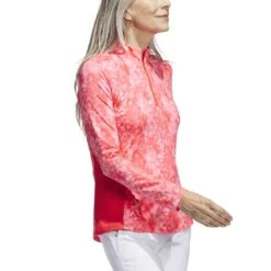 Adidas Women's Essentials Long Sleeve Printed Mock Polo -EliteGolf Store adidas 2023 womens essentials long sleeve printed mock polo bight red side itempicture