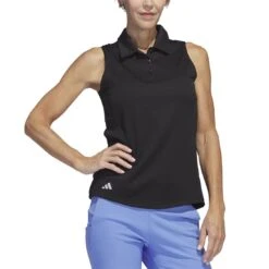 Adidas Women's Texture Sleeveless Polo -EliteGolf Store adidas 2023 womens texture sleeveless polo black front itempicture