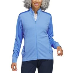 Adidas Women's Textured Full Zip Jacket -EliteGolf Store adidas ss23 womens textured full zip jacket blue fusion model itempicture