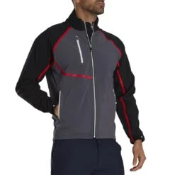FootJoy HydroTour Rain Jacket -EliteGolf Store footjoy hydrotour rain jacket black charcoal red front itempicture