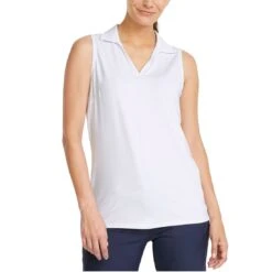 Puma Women's CLOUDSPUN Coast Sleeveless Polo -EliteGolf Store puma 2022 womens cloudspun coast sleeveless polo white model itempicture