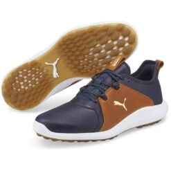Puma Ignite Fasten8 Crafted Golf Shoes Navy Blazer/Gold/Leather Brown -EliteGolf Store puma ignite fasten8 crafted golf shoes navy blazer gold leather brown beauty itempicture