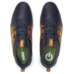 Puma Ignite Fasten8 Crafted Golf Shoes Navy Blazer/Gold/Leather Brown -EliteGolf Store puma ignite fasten8 crafted golf shoes navy blazer gold leather brown top itempicture