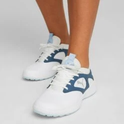 Puma Women's Ignite Malibu Golf Shoes White/Silver/Evening Sky -EliteGolf Store puma womens ignite malibu golf white silver eve sky 376158 04 mod1 itempicture